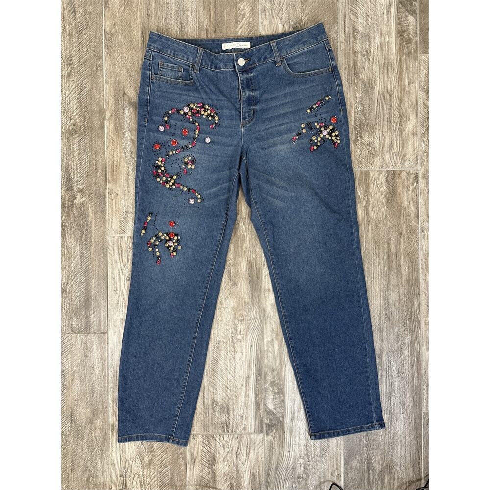 Y2K Rhinestone Embellished Jeans Mid-Rise 14 Bling Floral Sparkle Boho Festival